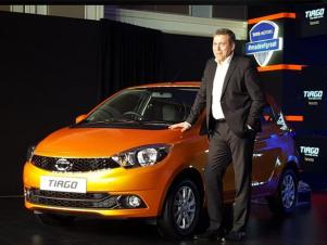 Tata Motors CEO Guenter Butschek at the unveiling of hatchback Tiago. Photo: Tata Motors' Twitter handle