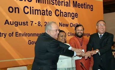 Only a balanced 2015 climate agreement acceptable: BASIC countries Union Environment Minister Prakash Javadekar with China’s minister Xie Zhenhua (R), South African minister Bomo Edna Molewa (second from Left) and Brazilian deputy minister Francisco Gaetani (Left) in New Delhi, on August 8, 2014
