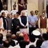President Pranab Mukherjee, Vice President Hamid Ansari and Prime Minister Narendra Modi with the newly sworn-in ministers at their oath taking ceremony at Rashtrapati Bhavan in New Delhi