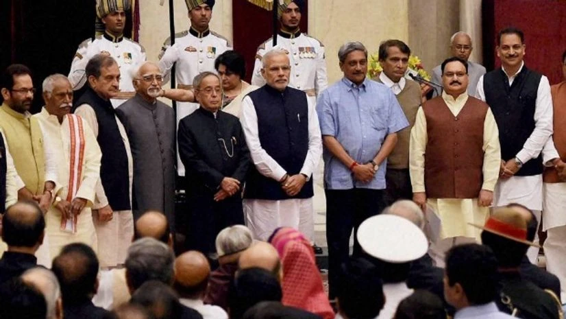 President Pranab Mukherjee, Vice President Hamid Ansari and Prime Minister Narendra Modi with the newly sworn-in ministers at their oath taking ceremony at Rashtrapati Bhavan in New Delhi President Pranab Mukherjee, Vice President Hamid Ansari and Prime Minister Narendra Modi with the newly sworn-in ministers at their oath taking ceremony at Rashtrapati Bhavan in New Delhi