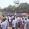 Foxconn workers in front of the Nokia  SEZ near Chennai where the Foxconn factory is located
