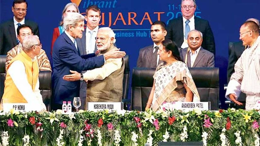 Prime Minister Narendra Modi (3rd from left) with US Secretary of State John Kerry (2nd from left) at the inaugural session of Vibrant Gujarat Summit in Gandhinagar on Sunday Prime Minister Narendra Modi (3rd from left) with US Secretary of State John Kerry (2nd from left) at the inaugural session of Vibrant Gujarat Summit in Gandhinagar on Sunday