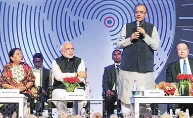 Vibrant Gujarat Summit: Investment pledges worth Rs 25 lakh-crore (From left) Gujarat Chief Minister Anandiben Patel, Prime Minister Narendra Modi and Finance Minister Arun Jaitley with World Bank President Jim Yong Kim in Gandhinagar on Monday photo: PTI