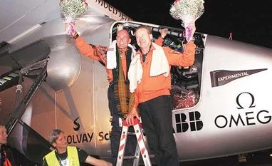 Solar Impulse 2: Piloting innovation with passion Pilots Bertrand Piccard and André Borschberg (right) soon after arrival in Ahmedabad on Tuesday night