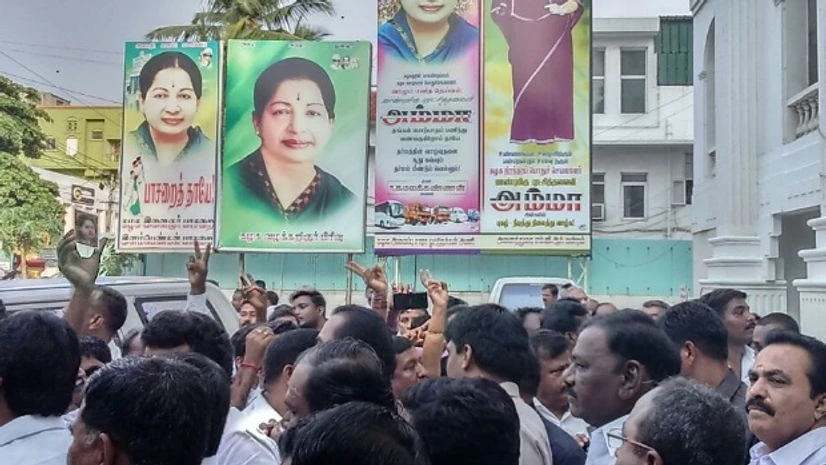 AIADMK supporters outside party headquarters in Chennai AIADMK supporters outside party headquarters in Chennai