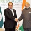 Prime Minister Narendra Modi shakes hands with his Pakistani Counterpart Nawaz Sharif during a meeting at UFA in Russia