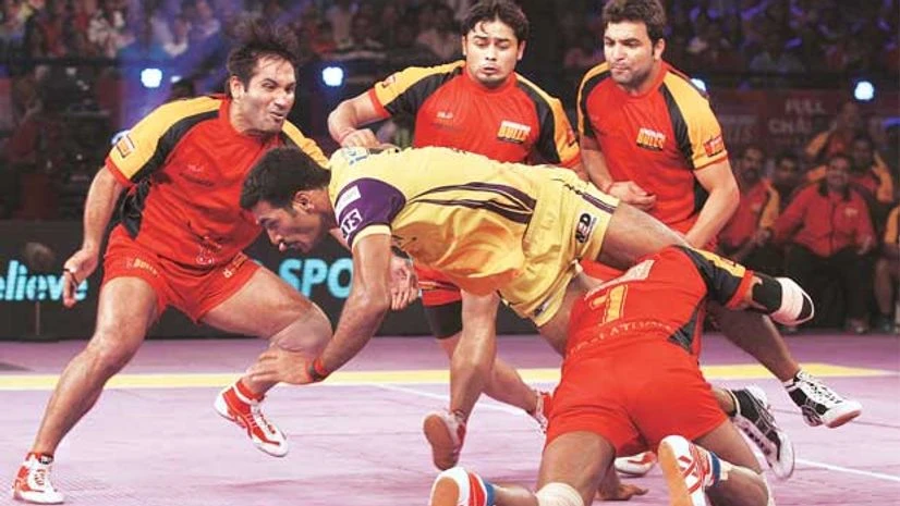 Action from a match between Bengaluru Bulls and Telugu Titans in the Pro Kabaddi League Action from a match between Bengaluru Bulls and Telugu Titans in the Pro Kabaddi League