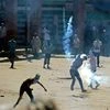 Youth throwing back teargas shells towards police during a clash following a protest over ban on beef by J&amp;K High Court,at Nowhatta in Srinagar.