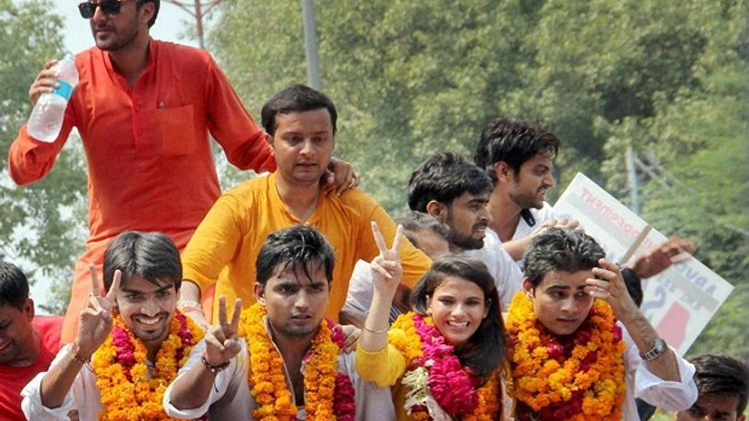 BVP panel candidates celebrate their victory in the Delhi University Students Union elections in New Delhi on Saturday BVP panel candidates celebrate their victory in the Delhi University Students Union elections in New Delhi on Saturday