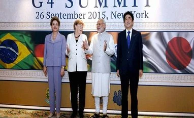 G4 nations demand comprehensive reform of UN Security Council Prime Minister Narendra Modi, German Chancellor Angela Merkel, Brazilian President Dilma Rousseff and Japanese Prime Minister Shinzo Abe at G4 Summit in New York on Saturday.