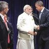 US President Barack Obama (right) and Prime Minister Narendra Modi after a meeting at the United Nations headquarters in New York on Monday.  Foreign Secretary of India S Jaishankar (left) is also seen