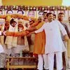 BJP National President, Amit Shah being garlanded during Karyakarta Sammelan at Harsh Garden at  Singhol in Begusarai, Bihar