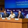 Finance Secretary, Ratan P. Watal along with the Secretaries of the Ministry of Finance Shaktikanta Das, Secretary (DEA), Revenue Secretary Hasmukh Adhia and the Chief Economic Adviser (CEA) Arvind Subramanian holding a press conference in New Delhi