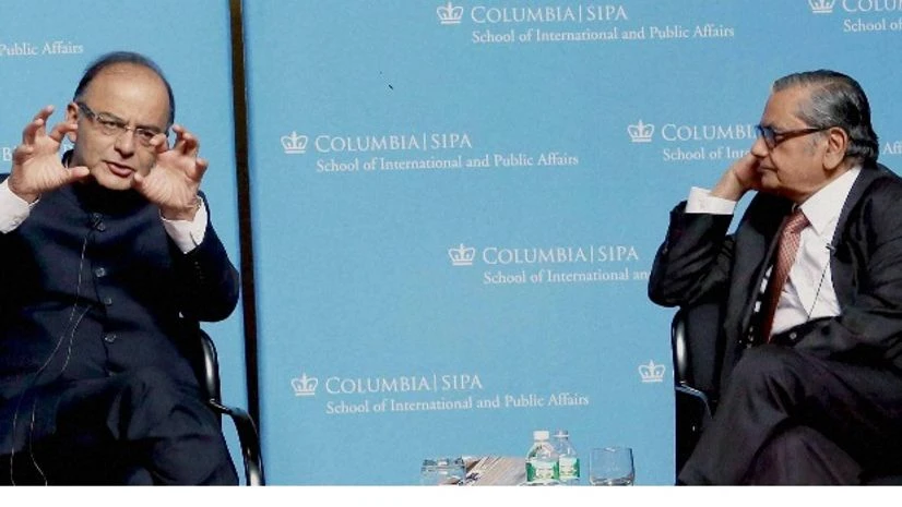 Finance Minister Arun Jaitley (left) and Economist Jagdish Bhagwati during Q&A session during the inauguration of Deepak and Neera Raj Center at Columbia University's School of International and Public Affairs in New York Finance Minister Arun Jaitley (left) and Economist Jagdish Bhagwati during Q&A session during the inauguration of Deepak and Neera Raj Center at Columbia University's School of International and Public Affairs in New York