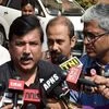 AAP leaders Sanjay Singh and Ashutosh talks to media at Union Home Ministry, South Block in New Delhi on Tuesday.