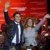 New Canadian PM Justin Trudeau waves with his wife Sophie Gregoire at the Liberal party headquarters in Montreal, Tuesday, Oct 20, 2015. Photo via AP/PTI