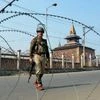 A security jawan guards at a street during restrictions imposed by the authorities to thwart protests by separatists, in Srinagar