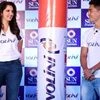 Tennis player Sania Mirza with captain of Indian football team Sunil Chhetri after being announced as new brand ambassadors of 'Volini' during a press conference in Mumbai