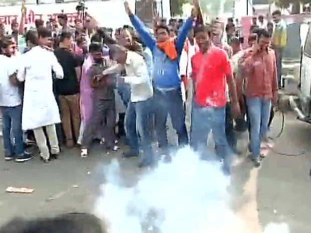 Bihar BJP workers celebrate as early trends suggest victory in Bihar. Picture courtesy @ANI
