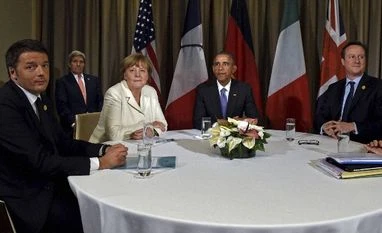 Obama: Attacks 'terrible' setback in Islamic State campaign President Barack Obama meets with, from left, Italian Prime Minister Matteo Renzi, German Chancellor Angela Merkel, British Prime Minister David Cameron
