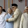 Bihar Chief Minister Nitish Kumar, RJD chief Lalu Yadav, former Union Minister Farooq Abdullah and Union Minister of Urban Development Venkaiah Naidu during the swearing-in ceremony of the new government at Gandhi Maidan in Patna