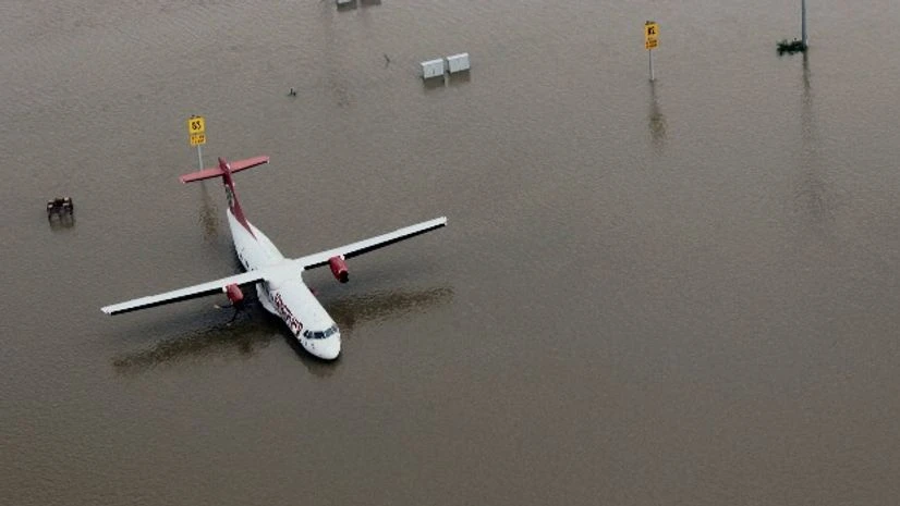An aerial view of submerged Chennai airport during heavy rains in Chennai An aerial view of submerged Chennai airport during heavy rains in Chennai