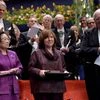 The 2015 Nobel literature laureate Svetlana Alexievich of Belarus (center) is applauded by fellow laureates Tu Youyou (left) and Angus Deaton (right) during the 2015 Nobel prize award ceremony in Stockholm on Thursday. Photo: PTI