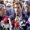 Sonia Gandhi, Rahul Gandhi and Manmohan Singh address a press conference at the AICC headquarters. Photo: ANI