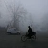 A man rides his bicycle during a foggy morning  in Srinagar