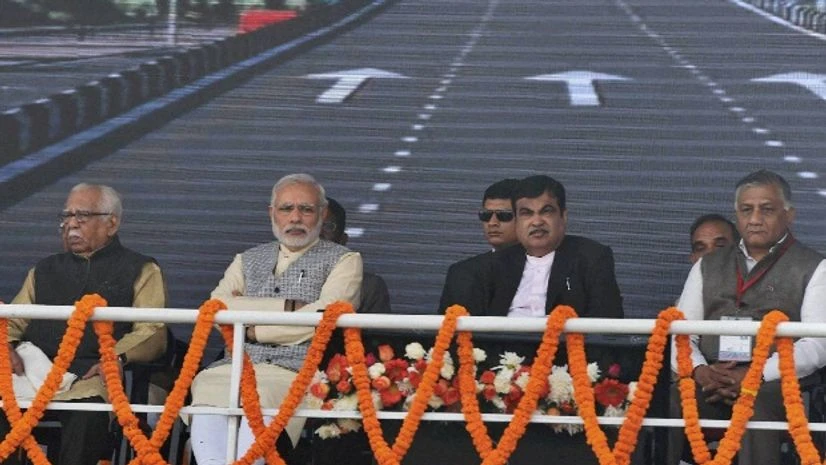 Prime Minister Narendra Modi with Union Road Transport and Highways Minister Nitin Gadkari, UP Governor Ram Naik and MoS VK Singh during the foundation stone laying ceremony for the construction of Delhi-Dasna-Meerut Expressway and upgradation of Das Prime Minister Narendra Modi with Union Road Transport and Highways Minister Nitin Gadkari, UP Governor Ram Naik and MoS VK Singh during the foundation stone laying ceremony for the construction of Delhi-Dasna-Meerut Expressway and upgradation of Das