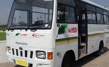 Mahindra vehicles running on bio-CNG buses on a trial basis Mahindra displays a bus that runs on biofuel