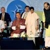 West Bengal Chief Minister Mamata Banerjee,  Finance Minister Arun Jaitley, Delhi Chief Minister Arvind Kejriwal and Bhutan Prime Minister Tshering Tobgay during Bengal Global Business Summit in Kolkata