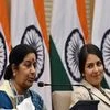 External Affairs Minister Sushma Swaraj delivering a speech at Pravasi Bharatiya Divas as Britain's minister for employment Priti Patel looks on in New Delhi