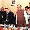 (From right)  Minister of State for Finance Jayant Sinha with Finance Minister Arun Jaitley, Finance Secretary Ratan Wattal, Finance Secretary Hansmukh Adhia