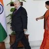 External Affairs Minister Sushma Swaraj with Syrian Deputy Prime Minister and Foreign Minister Walid al-Moallem before a meeting at Hyderabad House in New Delhi