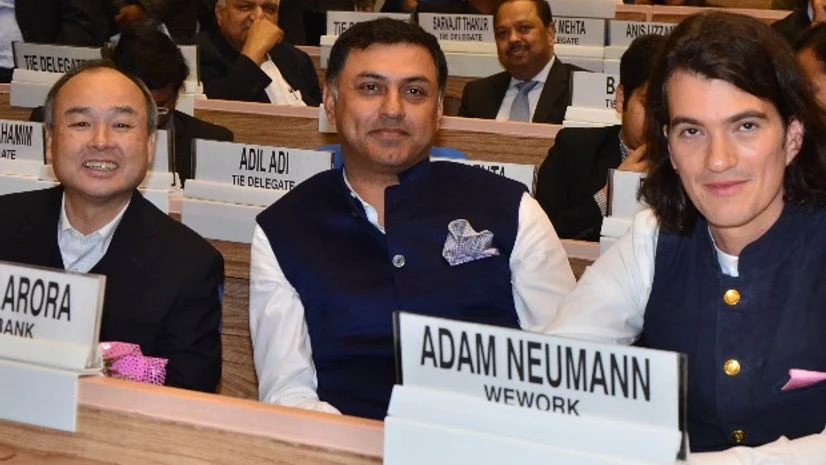 Masayoshi Son, Founder and CEO Softbank, Nikesh Arora, President & CEO Softbank and Adam Neumann, Founder, Wework at the Start-up India event in Vigyan Bhawan in New Delhi. Photo: Sanjay.K.Sharma Masayoshi Son, Founder and CEO Softbank, Nikesh Arora, President & CEO Softbank and Adam Neumann, Founder, Wework at the Start-up India event in Vigyan Bhawan in New Delhi. Photo: Sanjay.K.Sharma