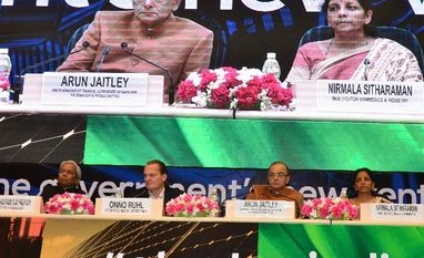 Krishnaswamy Vijay Raghvan, Secretary, Biotechnology, Onno Ruhi, Country Director, World Bank, FM Arun Jaitley and Nirmala Sitharaman, Minister of State for Ministry of Commerce and Industry at the Start-up India event in Vigyan Bhawan in New Delhi. Krishnaswamy Vijay Raghvan, Secretary, Biotechnology, Onno Ruhi, Country Director, World Bank, FM Arun Jaitley and Nirmala Sitharaman, Minister of State for Ministry of Commerce and Industry at the Start-up India event in Vigyan Bhawan in New Delhi.