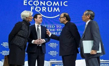 In Davos, Jaitley says ease of doing business still work in progress IMF chief Christine Lagarde, left, Britain's Chancellor of the Exchequer George Osborne, 2nd left, Indian Finance Minister Arun Jaitley, 2nd right, and Governor of the Bank of Japan Haruhiko Kuroda, talk at the WEF in Davos, Switzerland
