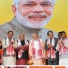 Prime Minister Narendra Modi inaugurating a petrochemical complex of Brahmaputra Cracker and Polymer Ltd in Dibrugarh, Assam on Friday.  Governor of Assam, Nagaland and Tripura Padmanabha Balakrishna Acharya, Chief Minister of Assam Tarun Gogoi and U