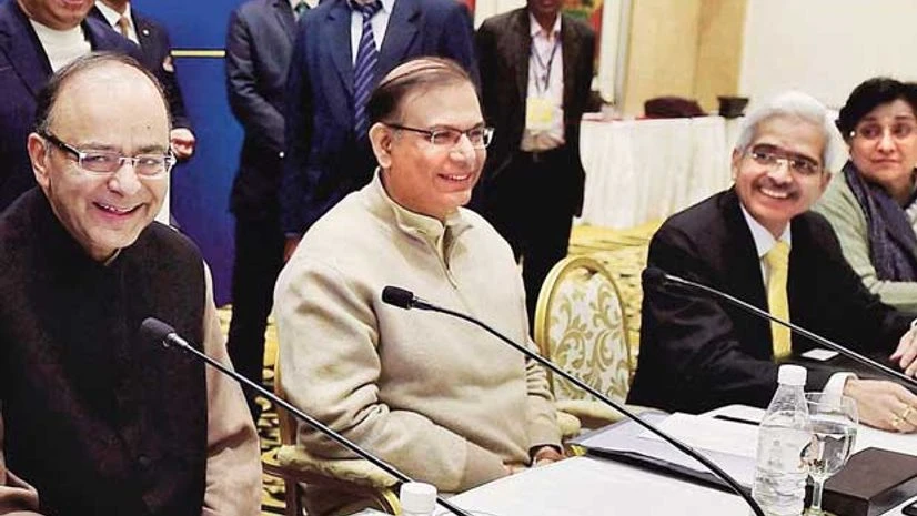 From left: Union Finance Minister Arun Jaitley, Minister of State for Finance Jayant Sinha and Economic Affairs Secretary Shaktikanta Das at a meeting of finance ministers of all states and Union territories in New Delhi on Saturday From left: Union Finance Minister Arun Jaitley, Minister of State for Finance Jayant Sinha and Economic Affairs Secretary Shaktikanta Das at a meeting of finance ministers of all states and Union territories in New Delhi on Saturday