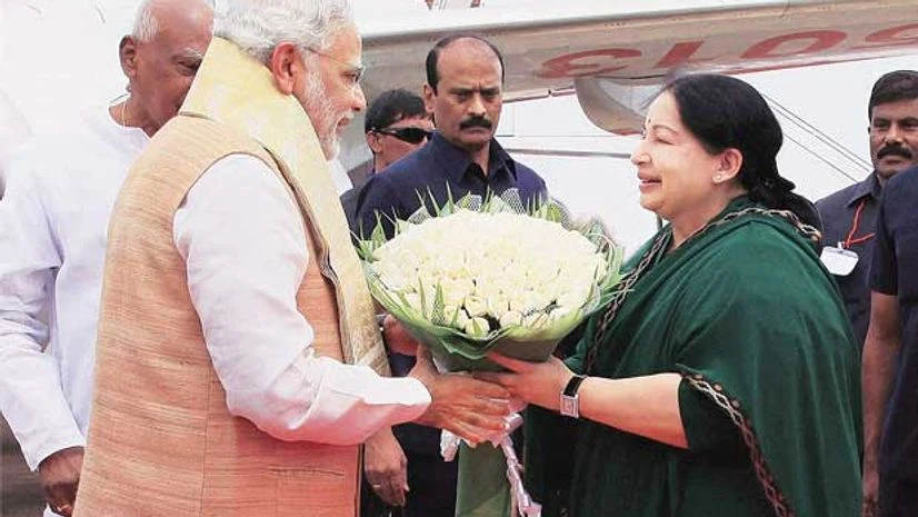 Prime Minister Narendra Modi is greeted by Tamil Nadu Chief Minister J Jayalalithaa at the Chennai airport on Friday Prime Minister Narendra Modi is greeted by Tamil Nadu Chief Minister J Jayalalithaa at the Chennai airport on Friday