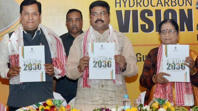 Union Minister for Petroleum and Natural Gas Dharmendra Pradhan (M) along with Union Minister of State (I/C ) for Sports and Youth Affairs Sarbananda Sonowal (2nd L) and BJP MP Bijoya Chakraborty (2nd R) releasing the Hydrocarbon Vision Document 20 Union Minister for Petroleum and Natural Gas Dharmendra Pradhan (M) along with Union Minister of State (I/C ) for Sports and Youth Affairs Sarbananda Sonowal (2nd L) and BJP MP Bijoya Chakraborty (2nd R) releasing the Hydrocarbon Vision Document 20