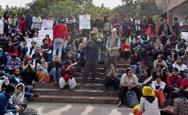 JNU row: It takes Rs 100 to organise any event at the university, say students JNU students protest inside the university campus against the arrest of JNUSU President Kanhaiya Kumar, in New Delhi on Monday. PTI Photo by Kamal Singh