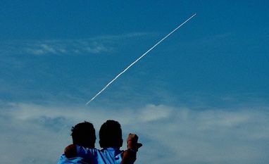 Vikram-S: All you need to know about India's first private rocket launch Two boys enjoy the sight Isro's PSLV-C32 leaving a trail of smoke after it was launched, at the Marina in Chennai on Thursday. It was launched from Sriharikota in Andhra Pradesh.