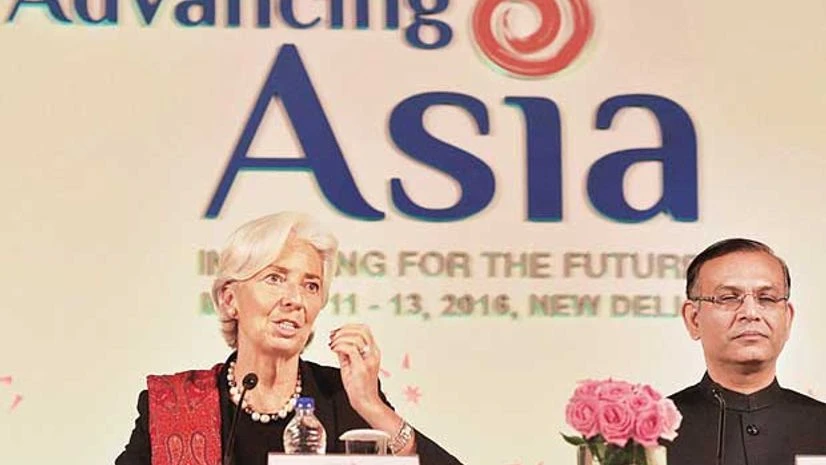Minister of State for Finance Jayant Sinha (right) with IMF Managing Director Christine Lagarde addressing the press on the concluding day of the MOF-IMF conference in New Delhi on Sunday Minister of State for Finance Jayant Sinha (right) with IMF Managing Director Christine Lagarde addressing the press on the concluding day of the MOF-IMF conference in New Delhi on Sunday