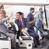 President Pranab Mukherjee and Civil Aviation Minister Ashok Gajapathi Raju move around in a battery-operated vehicle at India Aviation 2016 at Begumpet Airport in Hyderabad on Wednesday