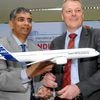 Airbus India CEO Srinivasan Dwarakanath (L) and Head of Marketing (Asia) Joost Van der Hejiden displaying a model plane during a press conference at the second day of the India Aviation Exhibition and Conference Event 2016  at Begumpet Airport in Hyd