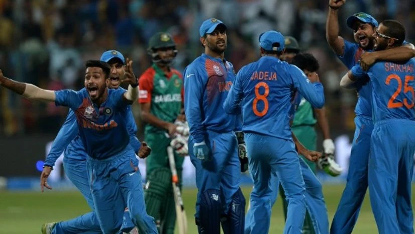 India celebrates after a stunning win over Bangladesh, by the narrowest margins. (Photo: Twitter, @ICC) ICC T20 World Cup, India vs Bangladesh