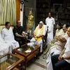 Congress leader Ghulam Nabi Azad meeting with DMK Chief M Karunanidhi at his residence in Chennai. DMK treasurer M K  Stalin, Rajya Sabha MP Kanimozhi, TN Congress chief E V K S Elangovan and others are also seen.
