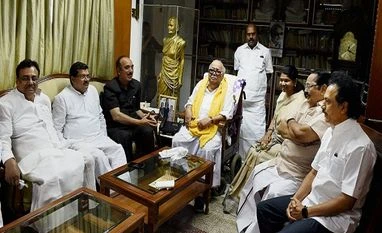 Over Rs 62 crore illegal cash seized in poll-bound states; TN tops Congress leader Ghulam Nabi Azad meeting with DMK Chief M Karunanidhi at his residence in Chennai. DMK treasurer M K Stalin, Rajya Sabha MP Kanimozhi, TN Congress chief E V K S Elangovan and others are also seen.